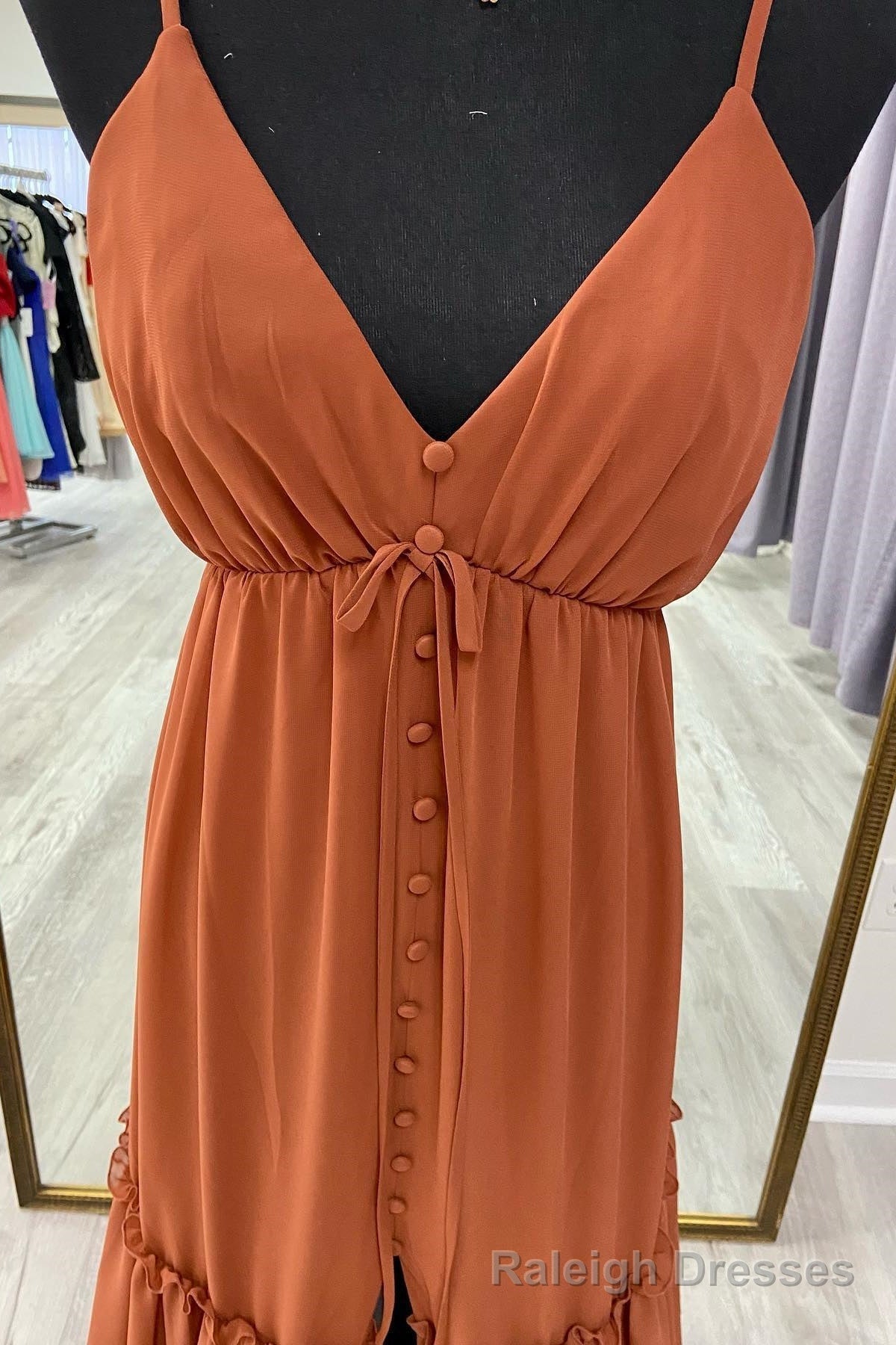 Brown A-line V Neck Straps Ruffle Buttons Long Bridesmaid Dress with Slit Secondary image