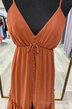 Brown A-line V Neck Straps Ruffle Buttons Long Bridesmaid Dress with Slit