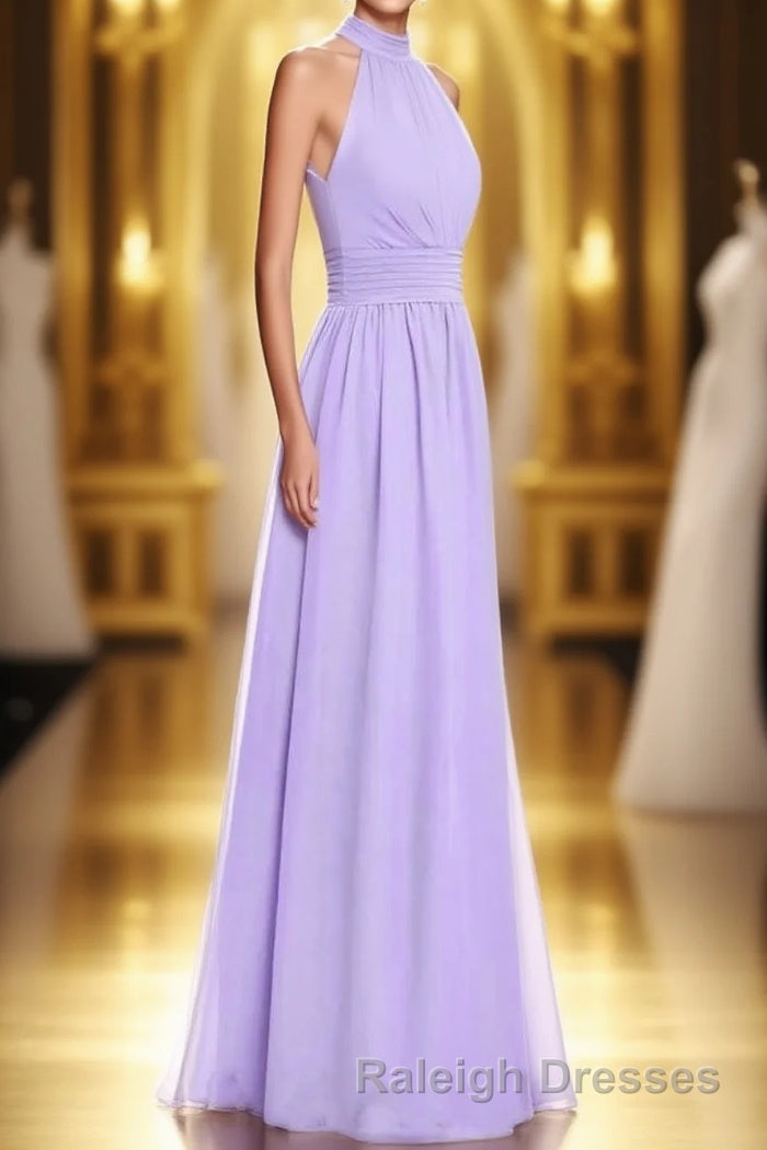 Lavender Chiffon Halter Long Bridesmaid Dress