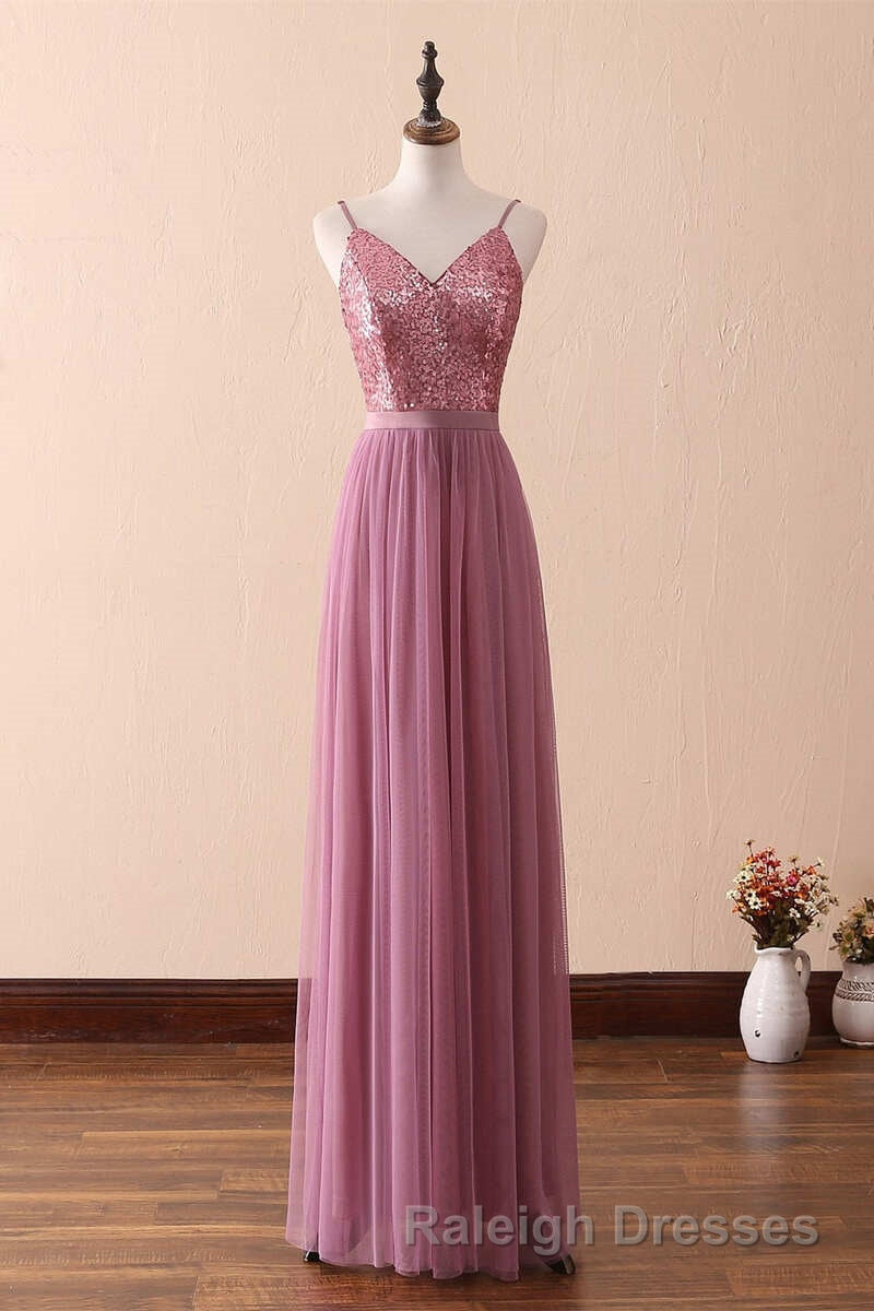 Dusty Purple Sequin Spaghetti Straps A Line Long Bridesmaid Dresses