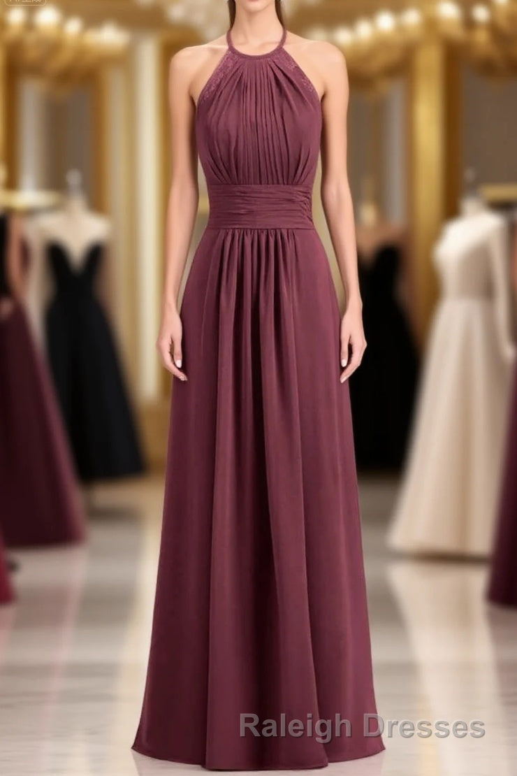 Burgundy Chiffon Halter Long Bridesmaid Dress with Lace Strap Main image