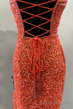 Orange Sequin Halter Fringe Short Homecoming Dress