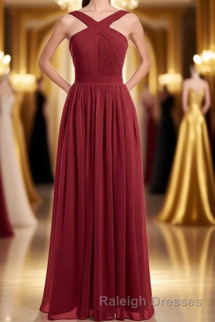 Red Chiffon Cross-Front A-Line Long Bridesmaid Dress Main image