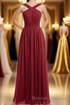 Red Chiffon Cross-Front A-Line Long Bridesmaid Dress