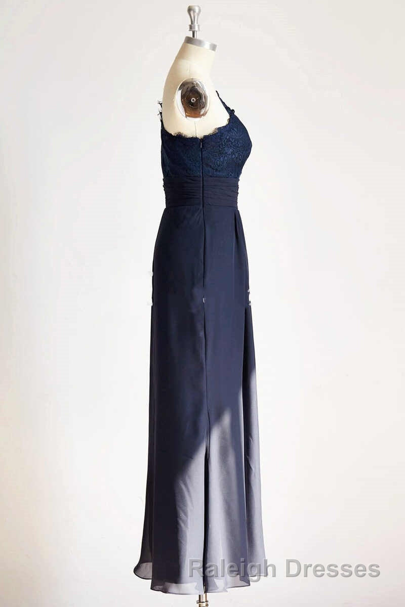 One Shoulder Navy Blue Lace Long Bridesmaid Dresses