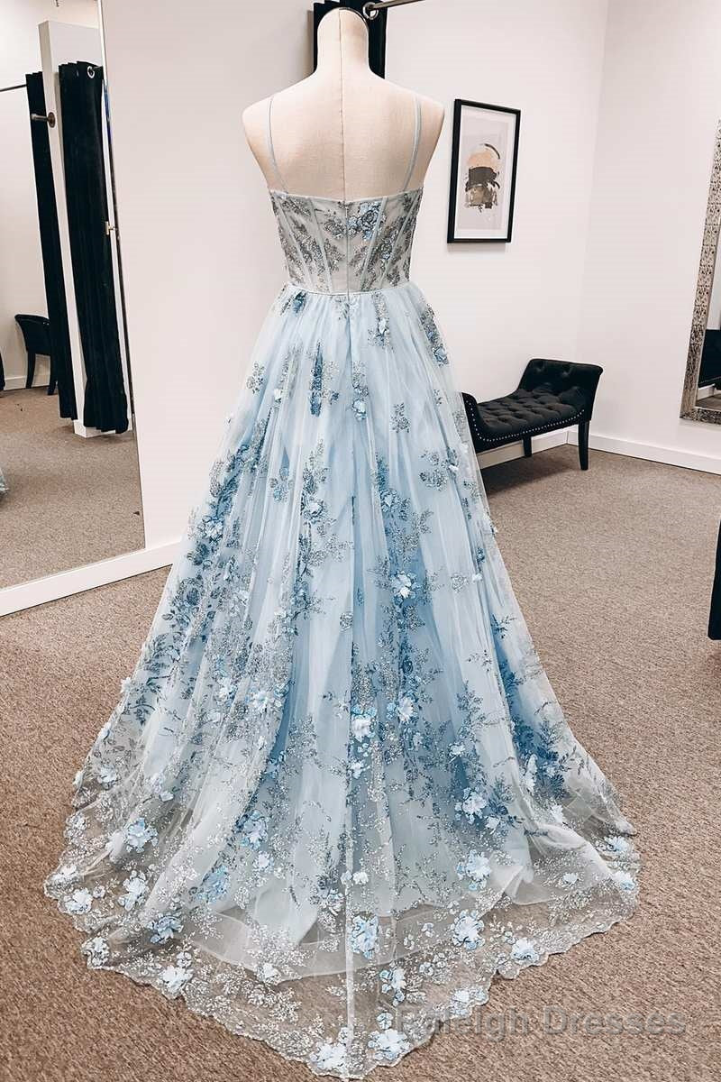 Blue 3D Floral Lace Sweetheart A Line Long Prom Dress Secondary image
