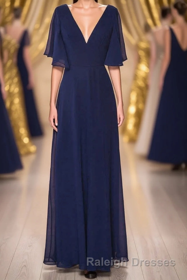 Navy Blue Chiffon V-Neck Ruffled Sleeve Long Bridesmaid Dress Main image