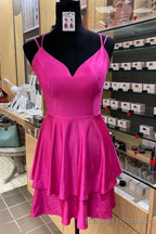 Fuchsia V Neck Lace-Up Back Satin Multi-Layers Mini Homecoming Dress