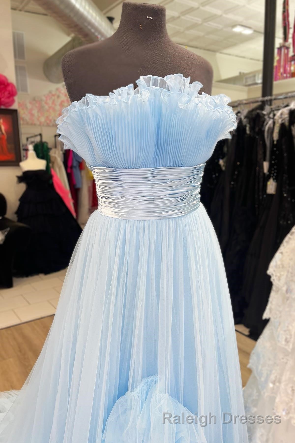 Sky Blue Strapless Ruffled Empire Tulle Long Prom Dress Main image