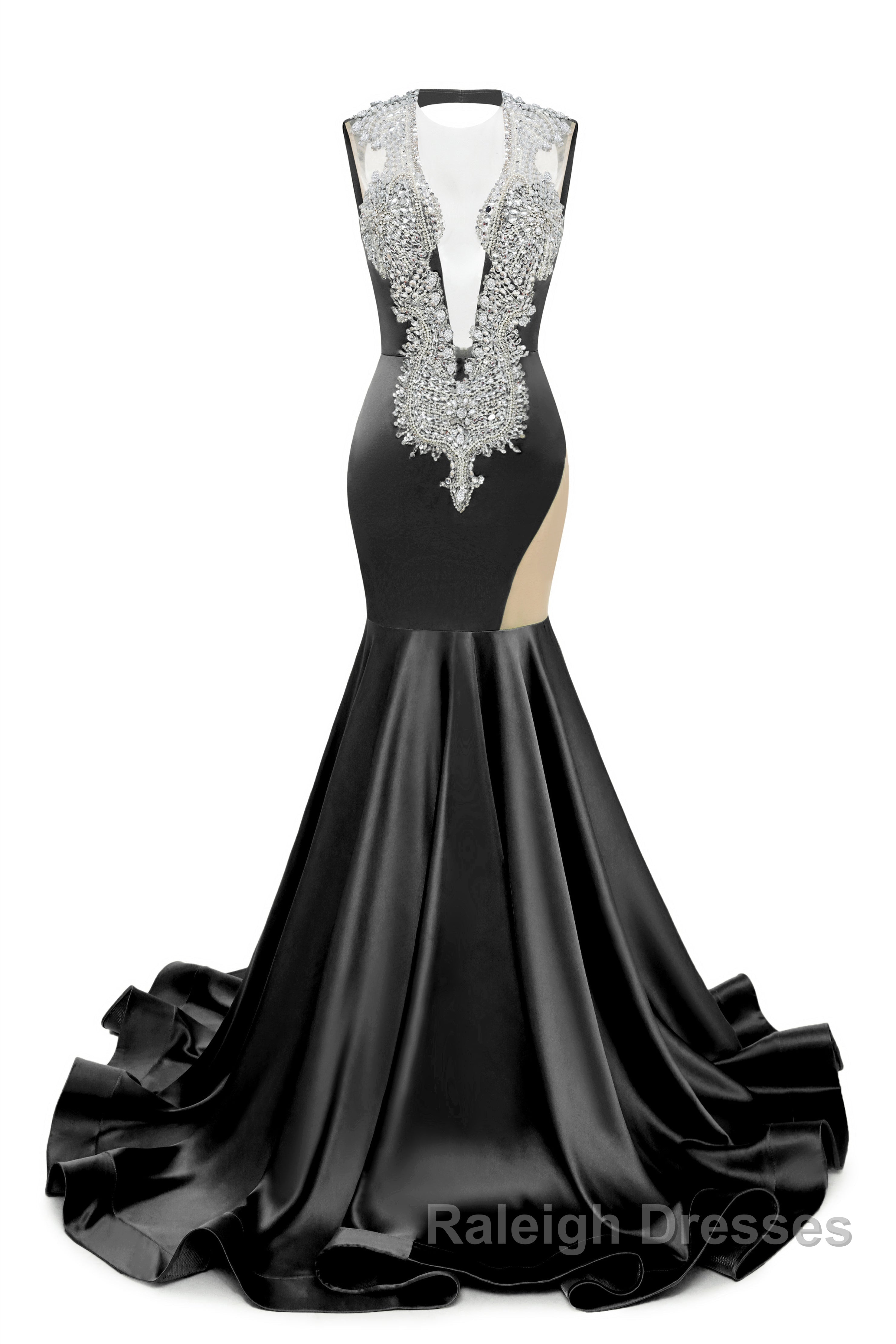 V Neck Mermaid Brush Train Hollow Sleeveless Beading Prom Dresses
