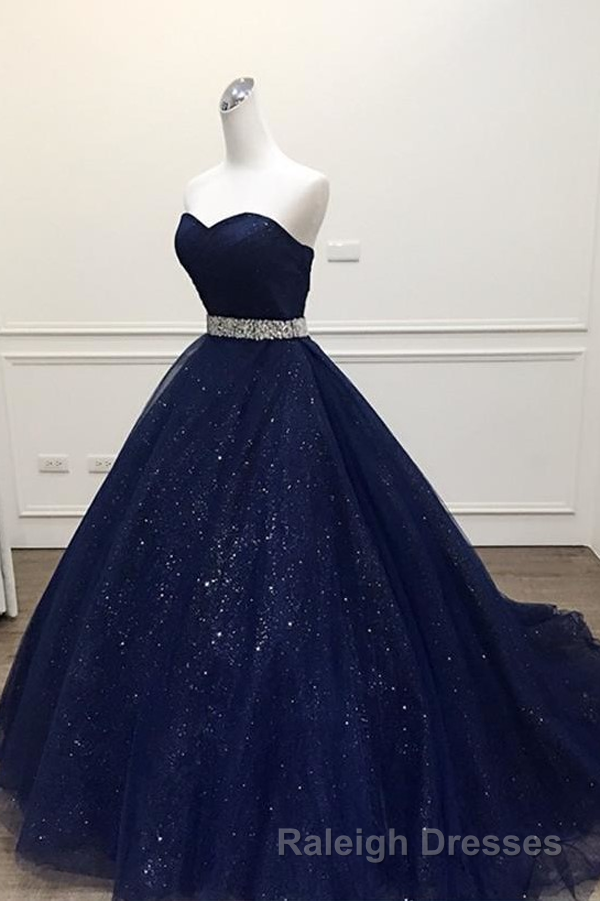 Navy Blue Ball Gown Court Train Sleeveless Mid Back Sparkle Prom Dresses Secondary image