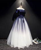 Blue Tulle Lace Long Prom Dress, Blue Tulle Lace Formal Dress