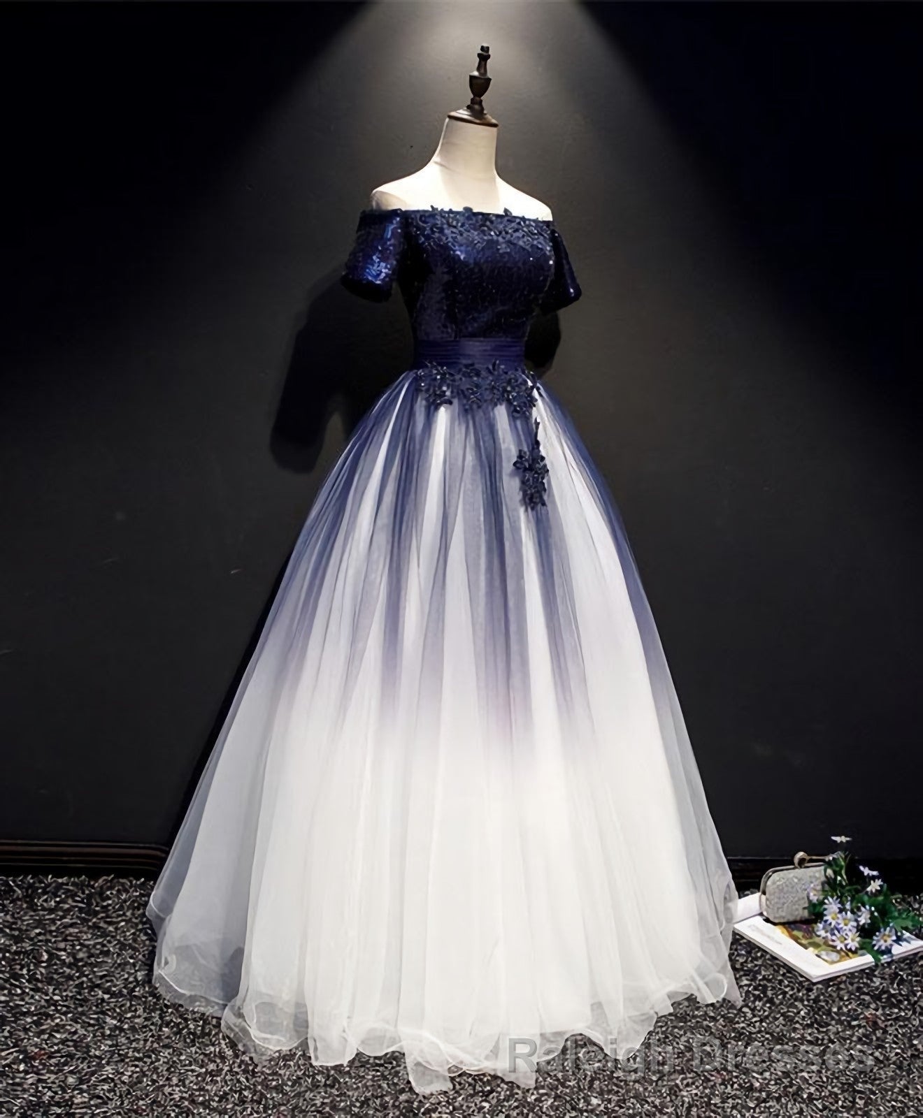 Blue Tulle Lace Long Prom Dress, Blue Tulle Lace Formal Dress