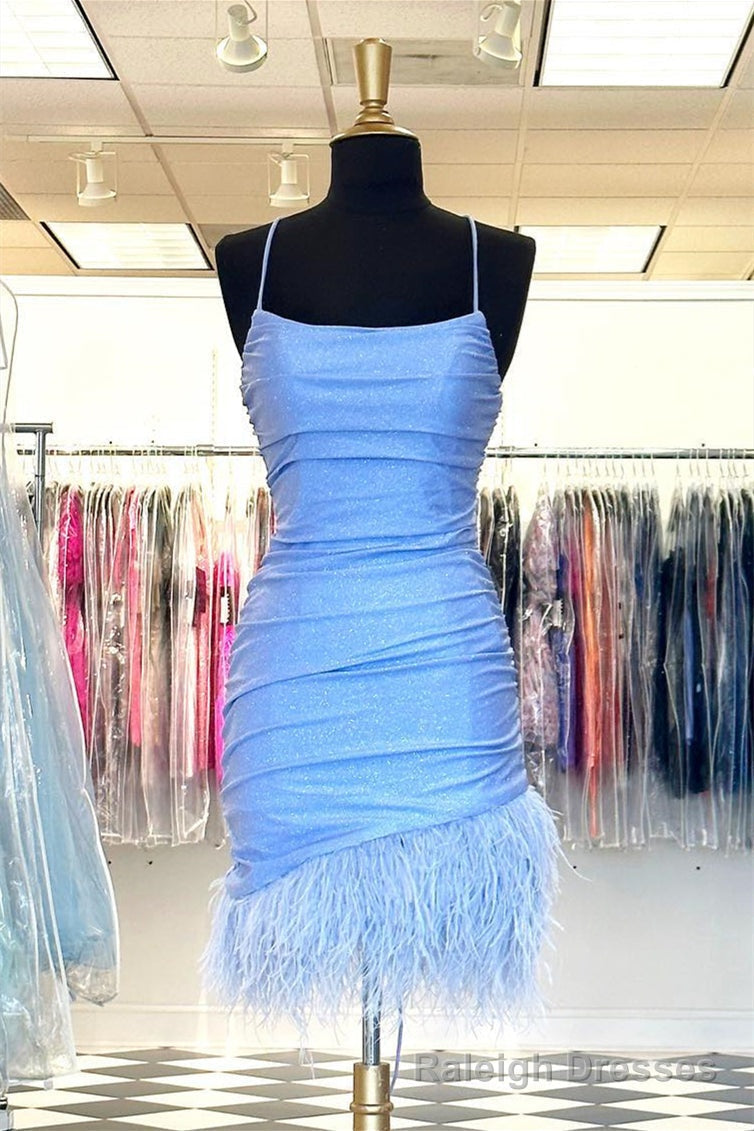 Light Blue Lace-Up Sheath Homecoming Dress with Feathers Secondary image