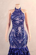 Halter Mermaid Sweep Train Backless Sleeveless Beading Evening Dress