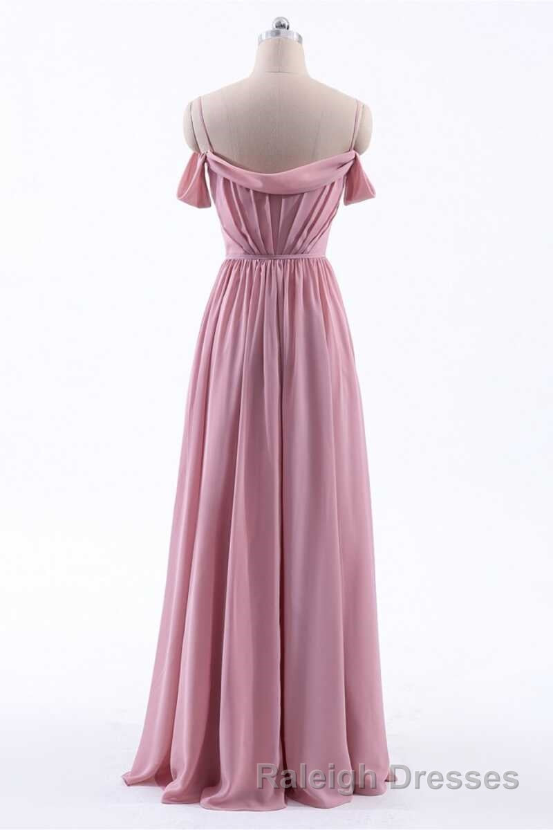 Dusty Pink Chiffon Cold-Shoulder A-Line Long Bridesmaid Dress