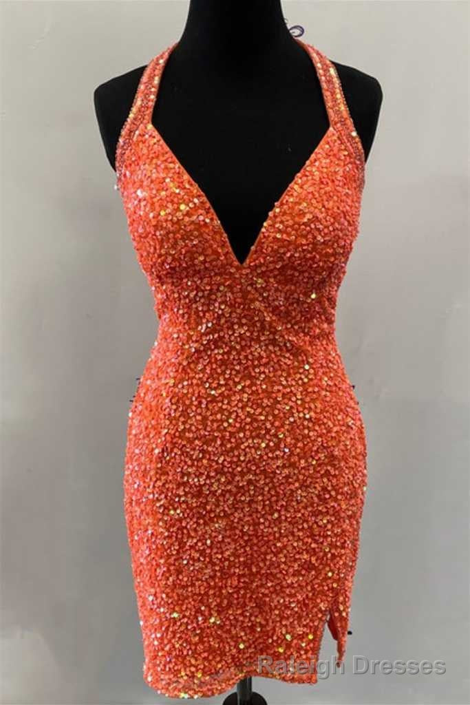 Orange Sequin Halter Fringe Short Homecoming Dress Main image