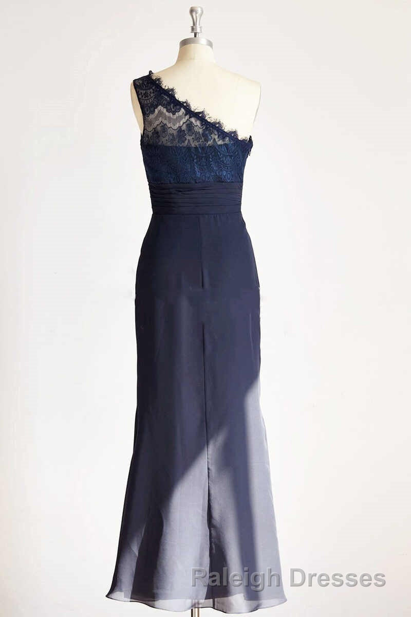 One Shoulder Navy Blue Lace Long Bridesmaid Dresses Secondary image