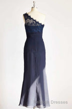 One Shoulder Navy Blue Lace Long Bridesmaid Dresses