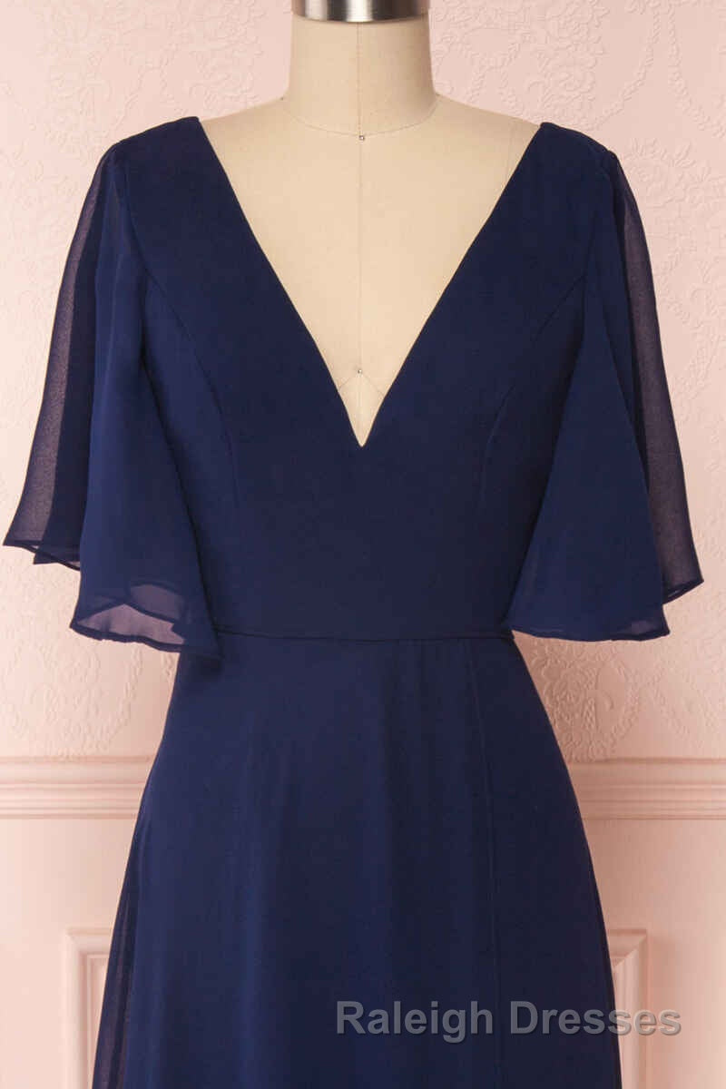 Navy Blue Chiffon V Neck Ruffled Sleeve Long Bridesmaid Dresses