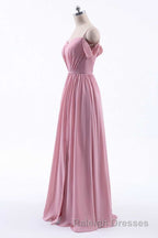 Dusty Pink Chiffon Cold-Shoulder A-Line Long Bridesmaid Dress