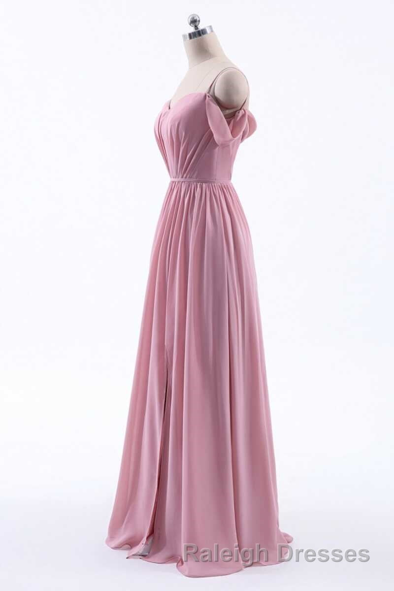 Dusty Pink Chiffon Cold-Shoulder A-Line Long Bridesmaid Dress