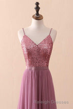 Dusty Purple Sequin Spaghetti Straps A Line Long Bridesmaid Dresses