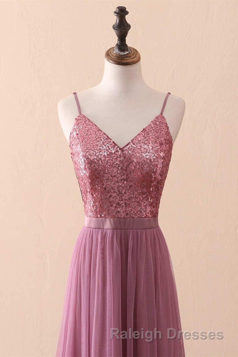 Dusty Purple Sequin Spaghetti Straps A Line Long Bridesmaid Dresses
