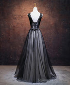 Black V Neck Tulle Lace Applique Long Prom Dress, Black Evening Dress, 1