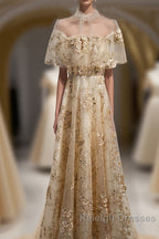 Champagne Tulle Lace Long Prom Dresses Champagne Prom Dresses 1