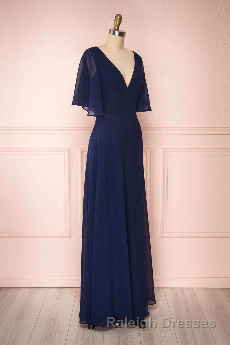 Navy Blue Chiffon V Neck Ruffled Sleeve Long Bridesmaid Dresses