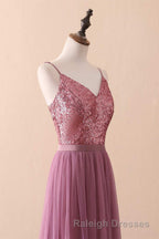Dusty Purple Sequin Spaghetti Straps A Line Long Bridesmaid Dresses