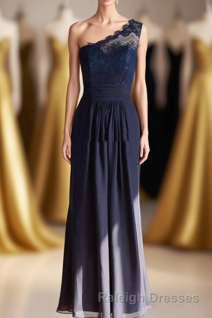 One-Shoulder Navy Blue Lace Long Bridesmaid Dress Main image
