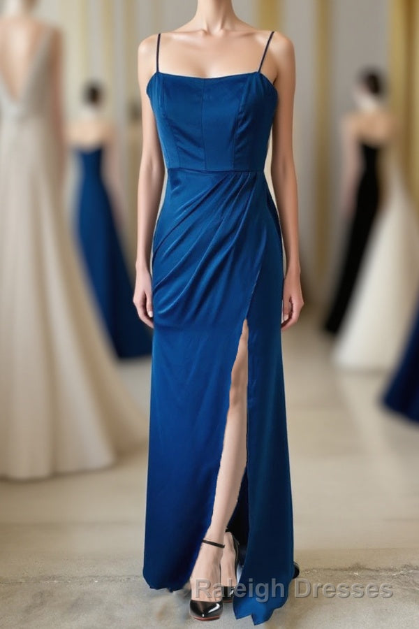 Sheath Spaghetti Straps Satin Long Bridesmaid Dress with Slit Main image