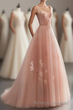 Pink V Neck Tulle Long Prom Dress, Tulle Evening Dress