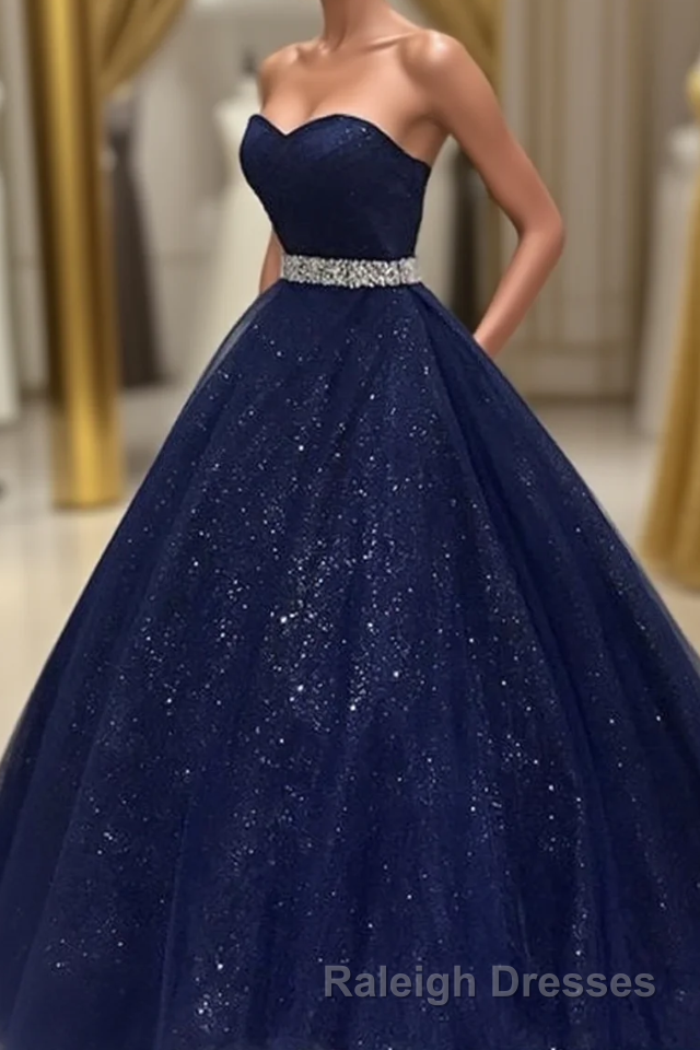 Navy Blue Ball Gown Court Train Sleeveless Mid Back Sparkle Prom Dresses Main image