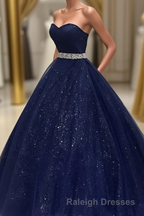 Navy Blue Ball Gown Court Train Sleeveless Mid Back Sparkle Prom Dresses
