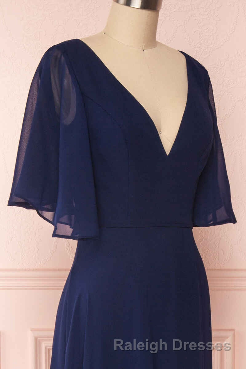 Navy Blue Chiffon V Neck Ruffled Sleeve Long Bridesmaid Dresses Secondary image