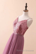 Dusty Purple Sequin Spaghetti Straps A-Line Long Bridesmaid Dress