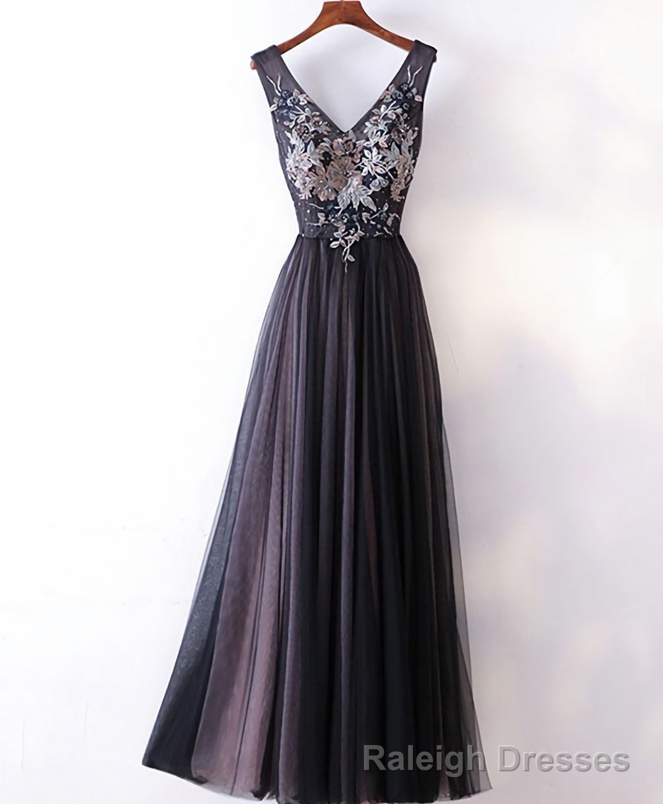 Black V Neck Lace Applique Tulle Long Prom Dress, Black Prom Dress Main image