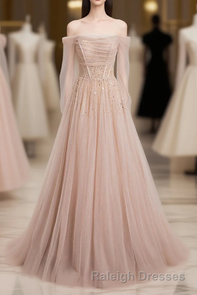 Champagne Pink Tulle Beads Long Prom Dress, Champagne Evening Dress Main image