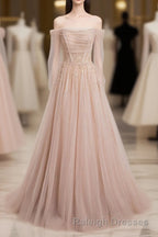 Champagne Pink Tulle Beads Long Prom Dress, Champagne Evening Dress