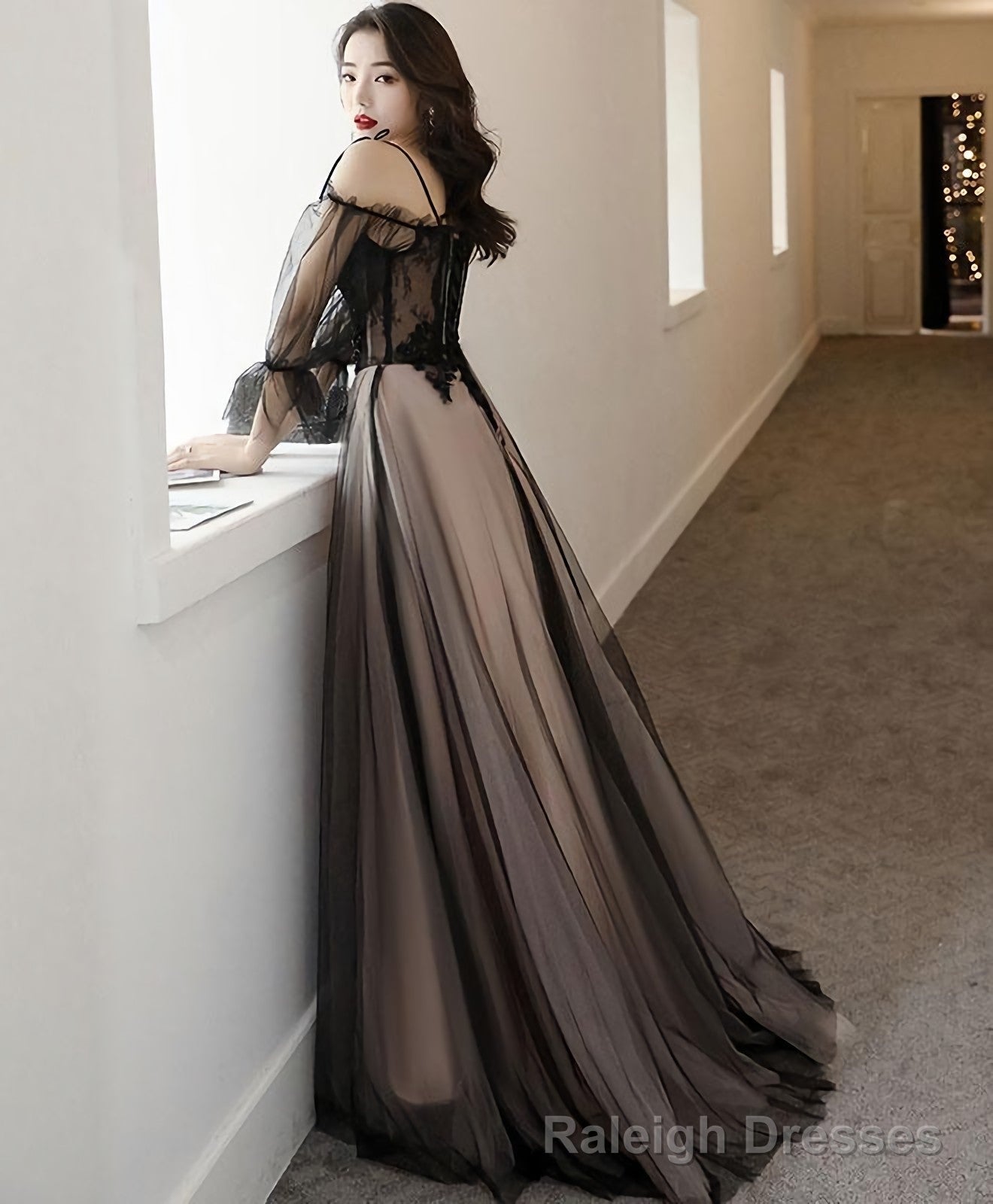 Black Tulle A Line Lace Long Prom Dress, Tulle Lace Formal Dress Main image