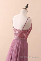 Dusty Purple Sequin Spaghetti Straps A Line Long Bridesmaid Dresses