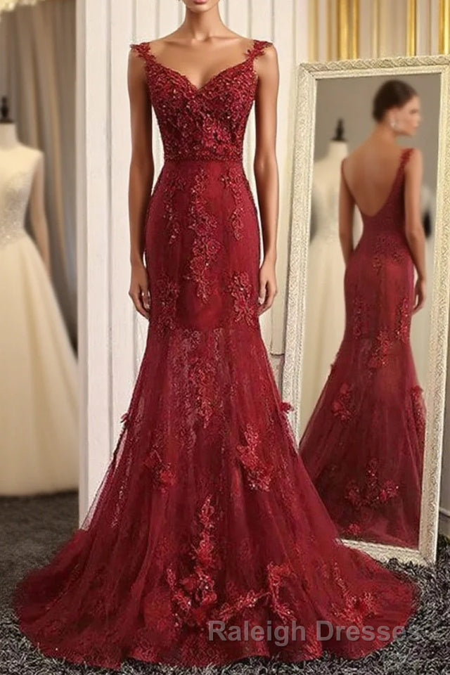 Burgundy Trumpet Sweep Train V Neck Mid Back Appliques Beading Long Prom Dresses Main image