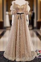 Champagne Sweetheart Tulle Long Prom Dress, Tulle Formal Dress