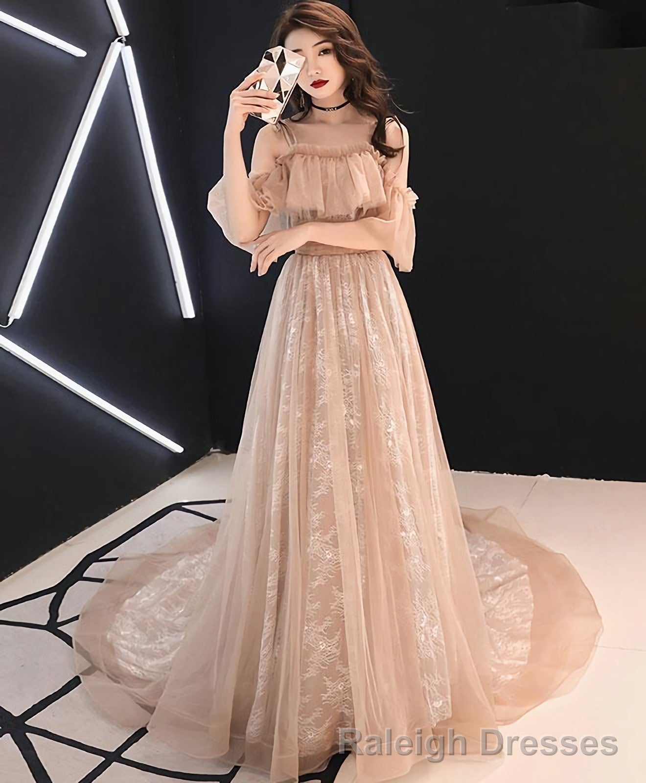 Pink Tulle Long Prom Dress Pink Tulle Evening Dress Main image