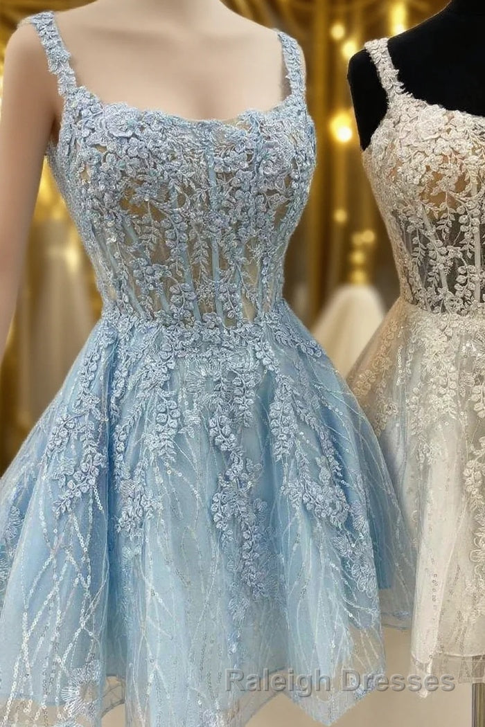 Floral Lace Scoop Neck A Line Short Prom Dresses