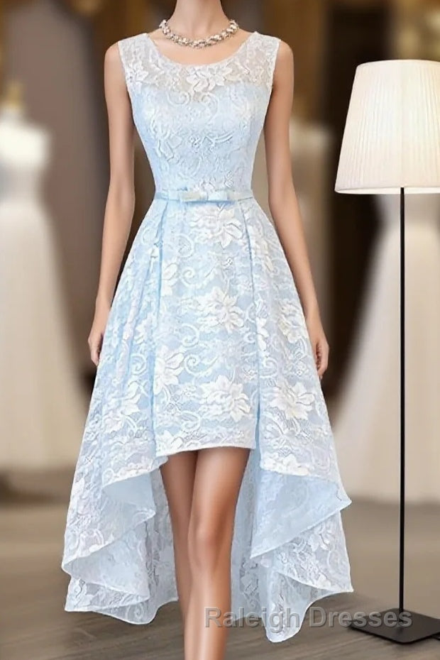 Light Blue Lace High Low Prom Dress, Homecoming Dress