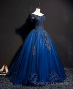 Blue Tulle Lace Off Shoulder Long Prom Dress, Blue Tulle Lace Evening Dress